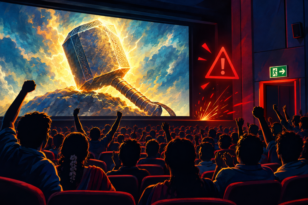 Editorial illustration of cinema fans cheering at a glowing hammer on screen while warning symbols highlight the danger of sparks inside the auditorium.