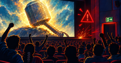 Editorial illustration of cinema fans cheering at a glowing hammer on screen while warning symbols highlight the danger of sparks inside the auditorium.