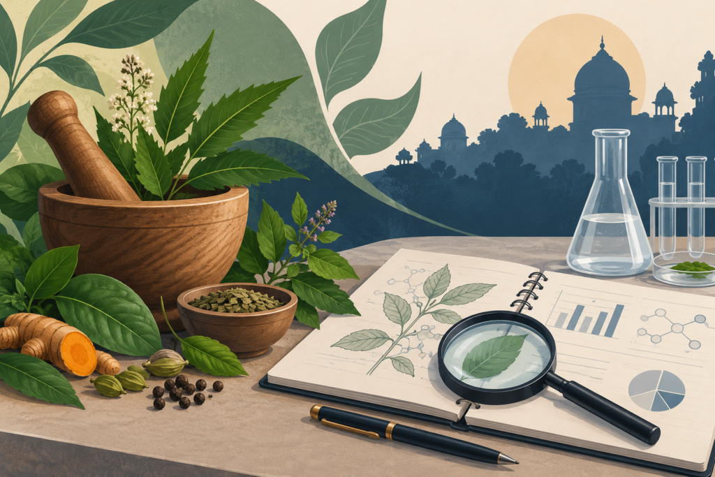 AI-created editorial illustration of botanical ingredients, a research notebook, magnifying glass and laboratory glassware representing Ayurveda research.