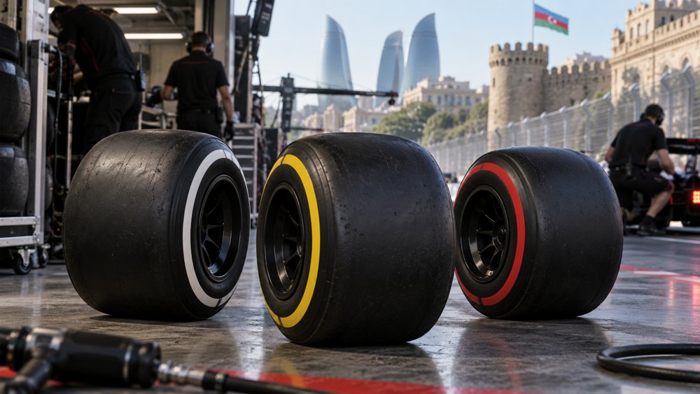 Illustration of white, yellow and red marked racing slick tyres in a Baku-style street circuit garage