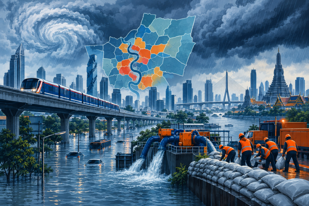 Conceptual illustration of flooded Bangkok roads beneath elevated rail lines as emergency crews operate pumps and place sandbags.