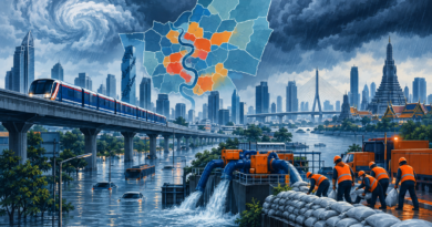 Conceptual illustration of flooded Bangkok roads beneath elevated rail lines as emergency crews operate pumps and place sandbags.