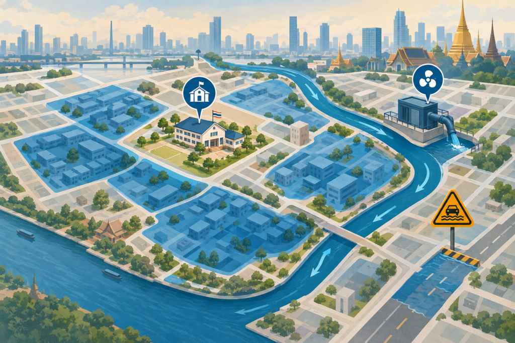 Conceptual map-style illustration of a Bangkok canal, flooded blocks, a shelter, a drainage pump and a road caution symbol.