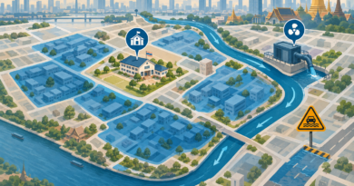 Conceptual map-style illustration of a Bangkok canal, flooded blocks, a shelter, a drainage pump and a road caution symbol.
