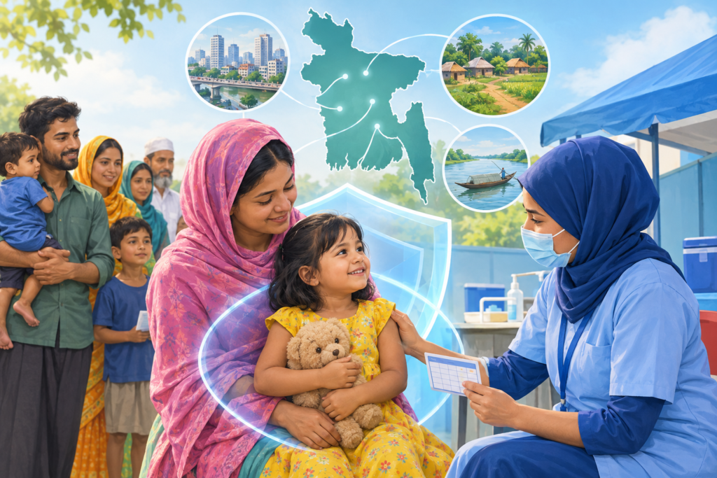 Illustration of parents bringing young children to a community measles-rubella vaccination station across Bangladesh.