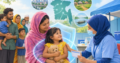 Illustration of parents bringing young children to a community measles-rubella vaccination station across Bangladesh.