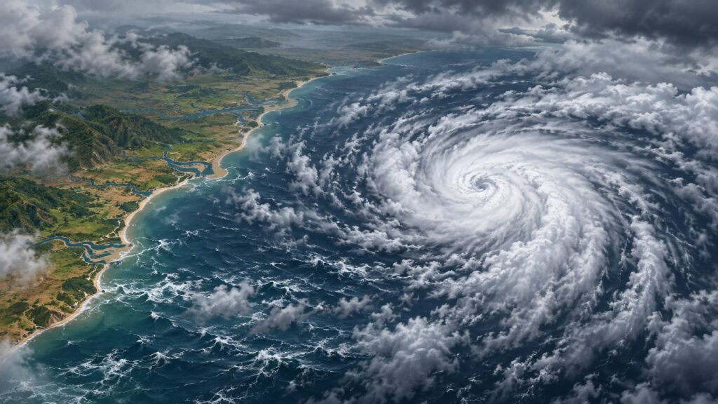 Editorial illustration of dense clouds and rough seas near the eastern Indian coastline