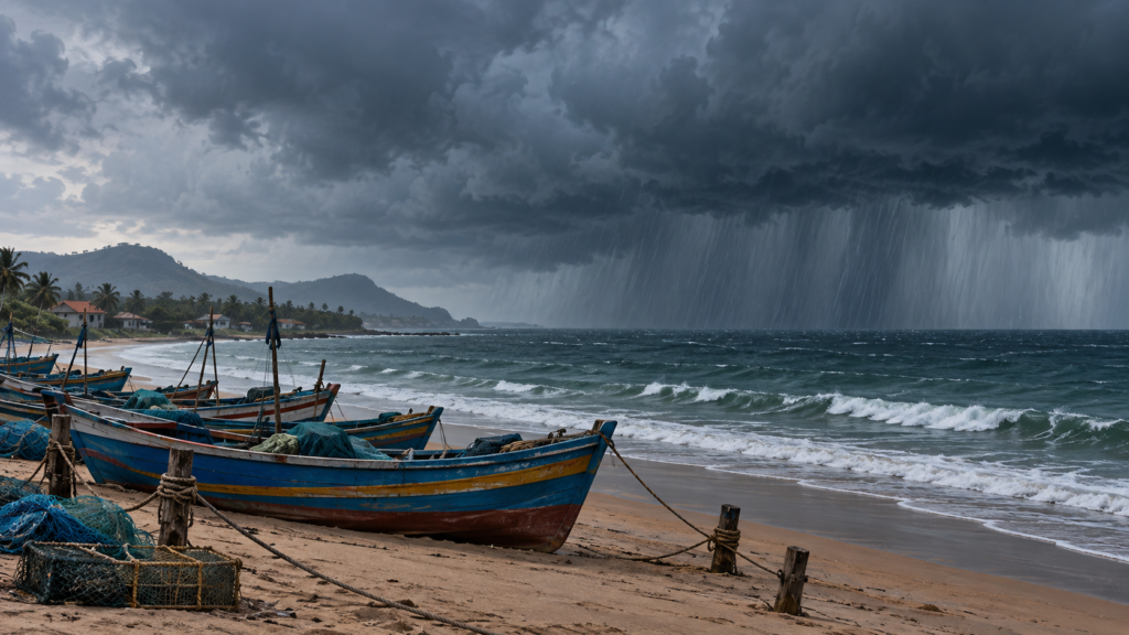AI editorial illustration of moored fishing boats under rain clouds beside the Bay of Bengal; not an image of the actual September 2026 weather system