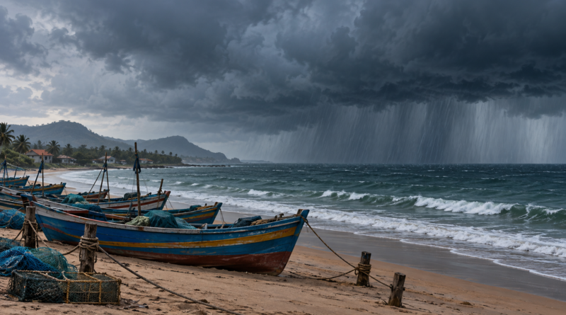 AI editorial illustration of moored fishing boats under rain clouds beside the Bay of Bengal; not an image of the actual September 2026 weather system