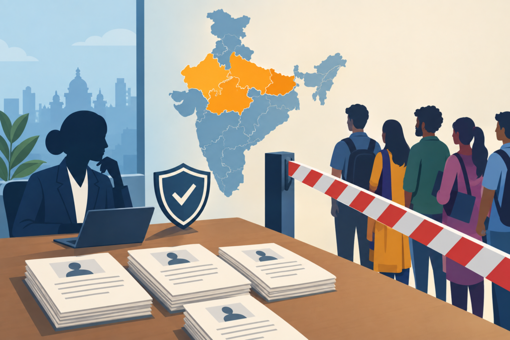 Editorial illustration showing job applications beside a map of India with four states highlighted behind a symbolic hiring barrier.