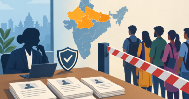 Editorial illustration showing job applications beside a map of India with four states highlighted behind a symbolic hiring barrier.