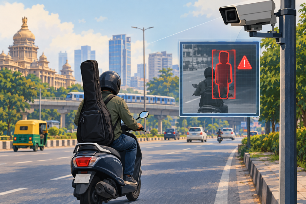 Editorial illustration of a traffic camera incorrectly identifying a guitar case behind a helmeted scooter rider as a second passenger.