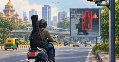 Editorial illustration of a traffic camera incorrectly identifying a guitar case behind a helmeted scooter rider as a second passenger.