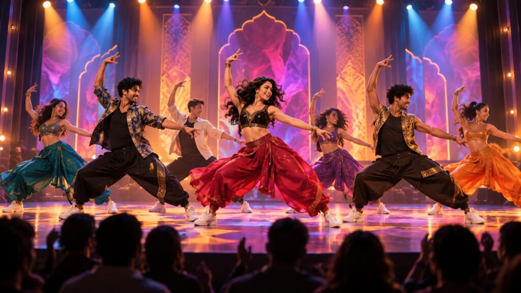 Editorial illustration of an anonymous Bollywood-fusion dance troupe performing on a colorful stage