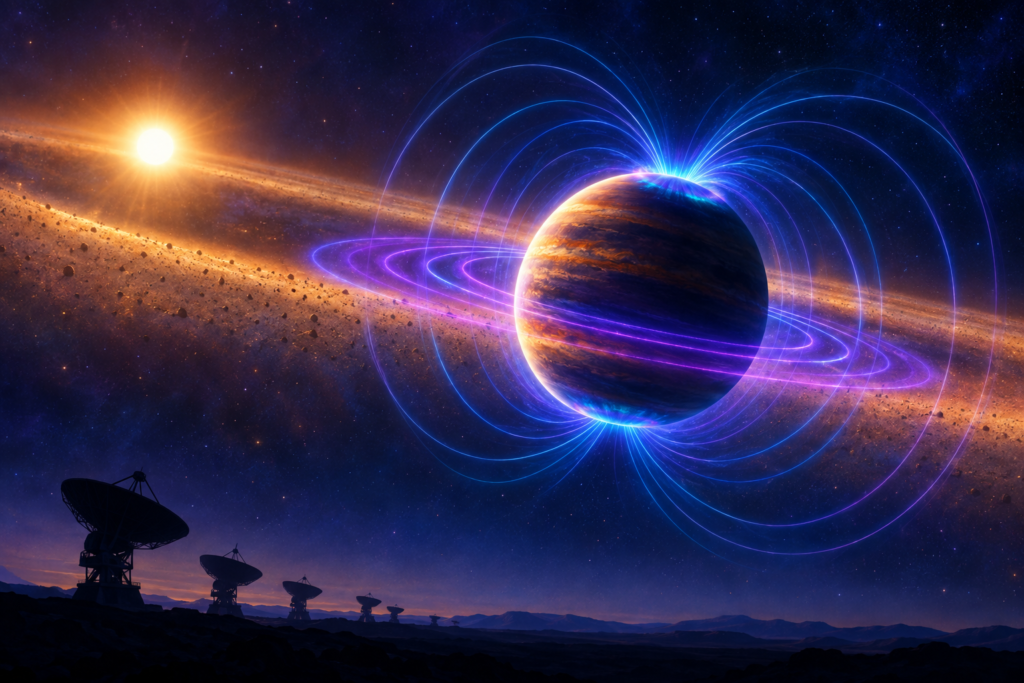 Conceptual illustration of Beta Pictoris b emitting auroral radio waves within a powerful magnetic field near its young star.