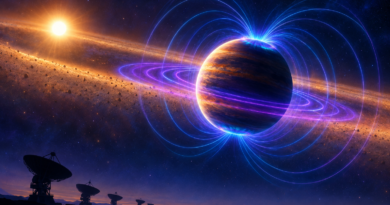 Conceptual illustration of Beta Pictoris b emitting auroral radio waves within a powerful magnetic field near its young star.