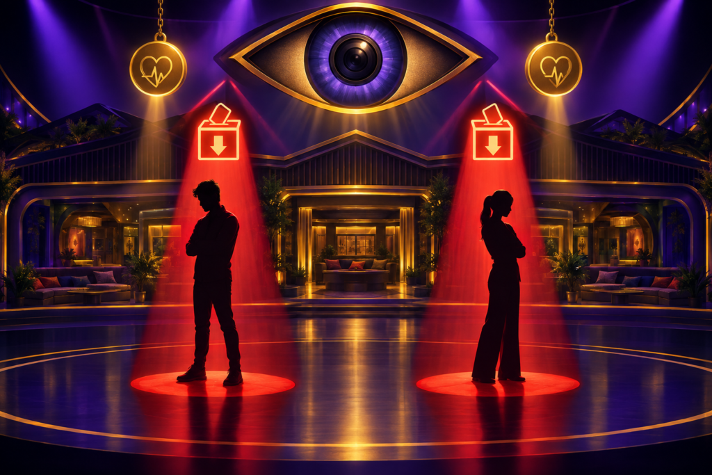 Conceptual illustration of two anonymous reality-show contestants standing under nomination spotlights inside a surveillance-themed house.