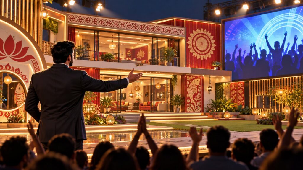 Editorial illustration of a Bengali-themed reality television house and an audience screen