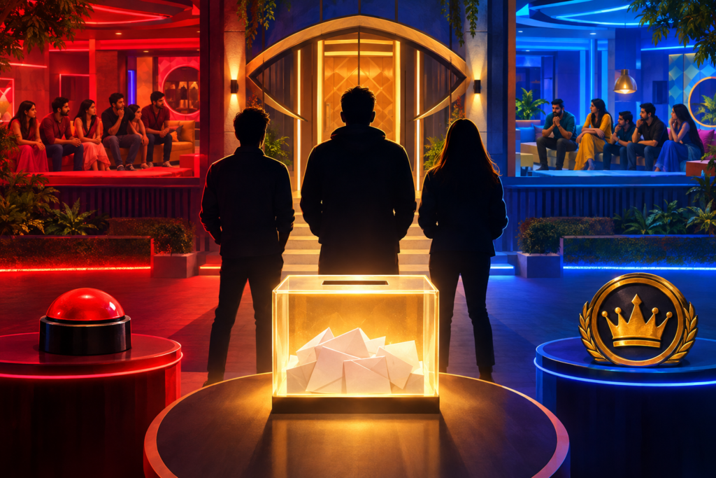 Illustration of three reality-show challengers entering a house as contestants prepare to cast a secret ballot.
