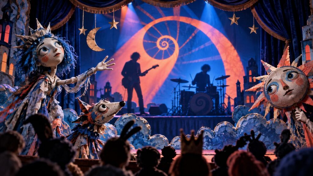 Editorial illustration of a guitar-and-drums duo on a puppet theater stage with a spiral backdrop