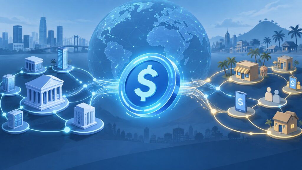 Editorial illustration of a digital dollar token connecting financial networks across a globe