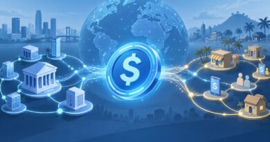 Editorial illustration of a digital dollar token connecting financial networks across a globe