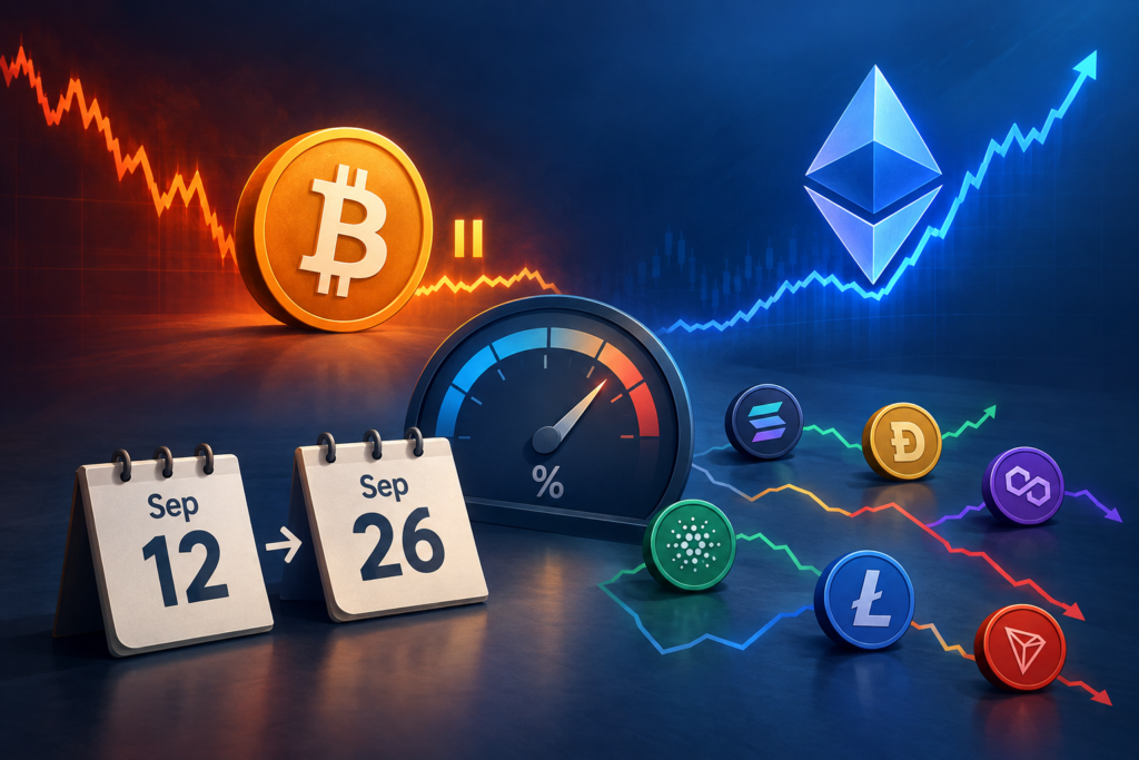 Illustration of Bitcoin consolidating as Ethereum rises, with mixed altcoin charts and a September calendar beside an interest-rate gauge.