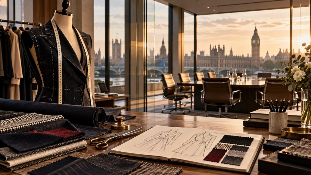 Editorial illustration of a tailoring table and boardroom overlooking London