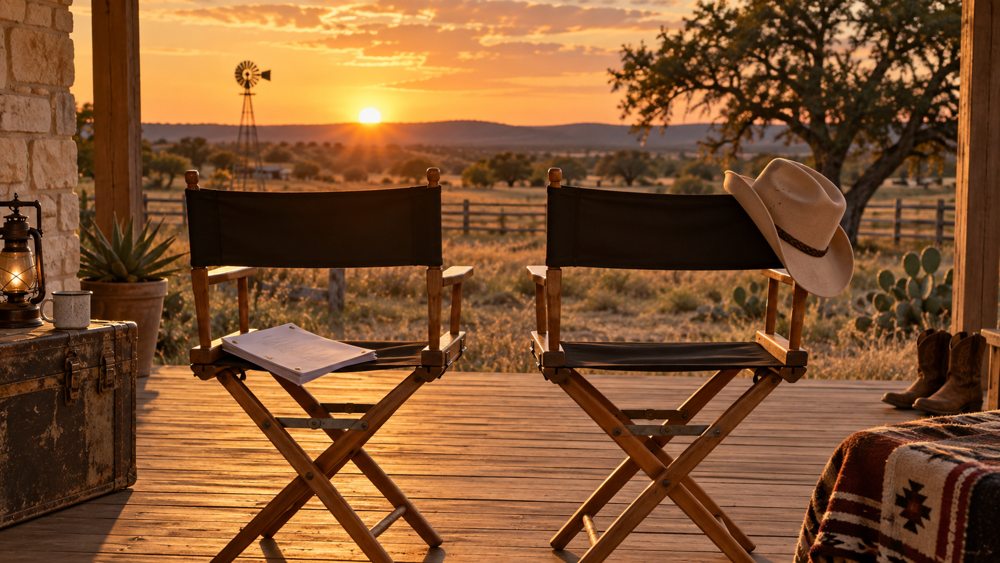 Two empty director chairs and a cowboy hat on a Texas ranch porch at sunset