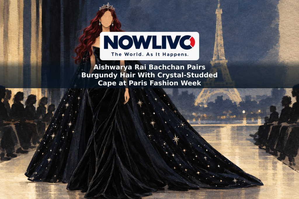 Illustration of a burgundy-haired runway figure in a black gown, jeweled tiara and sparkling cape against an abstract Paris backdrop.