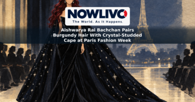 Illustration of a burgundy-haired runway figure in a black gown, jeweled tiara and sparkling cape against an abstract Paris backdrop.