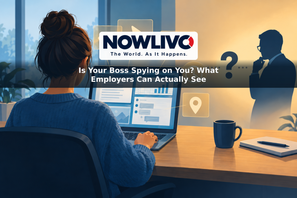 Conceptual illustration of a remote worker at a laptop with symbols for screen viewing, messages, activity, time and location.