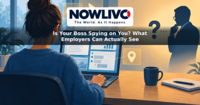 Conceptual illustration of a remote worker at a laptop with symbols for screen viewing, messages, activity, time and location.