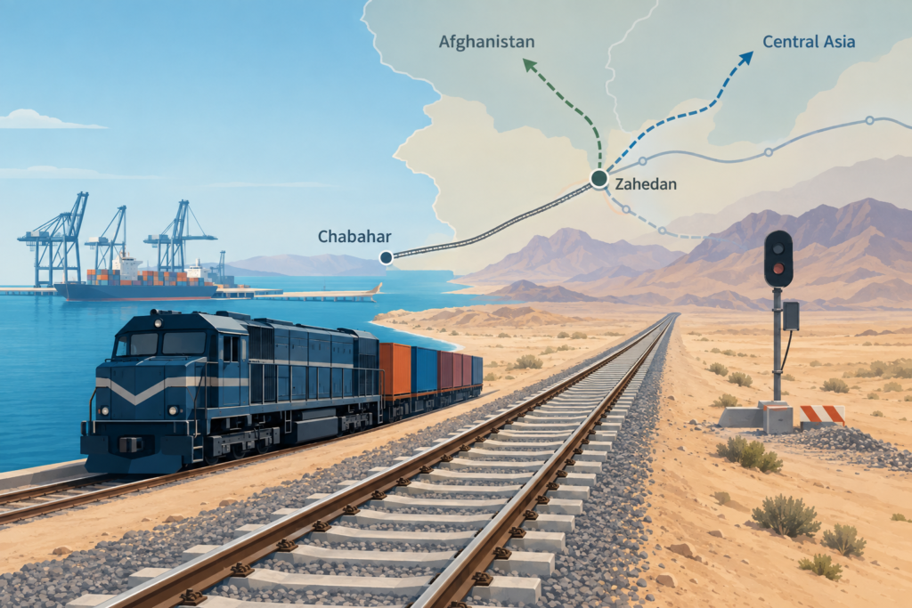 Conceptual illustration of rail tracks linking a seaport to an inland junction, with onward trade routes shown as map lines and service depicted as pending.