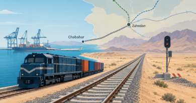 Conceptual illustration of rail tracks linking a seaport to an inland junction, with onward trade routes shown as map lines and service depicted as pending.