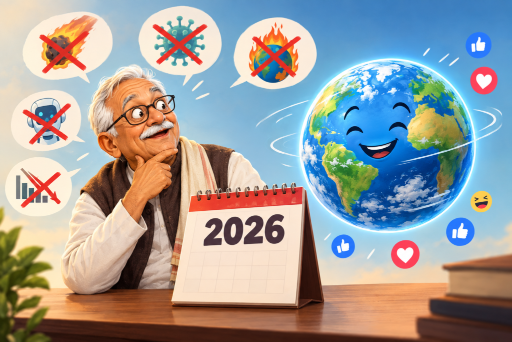 Illustration of a fictional elderly man beside a 2026 calendar as an intact Earth and crossed-out prediction symbols represent the Chacha Ki Baat Galat meme.