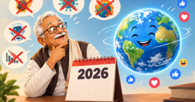 Illustration of a fictional elderly man beside a 2026 calendar as an intact Earth and crossed-out prediction symbols represent the Chacha Ki Baat Galat meme.