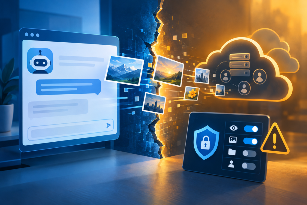 Conceptual illustration of image files passing from an AI workspace through a broken security boundary to external hosting services.