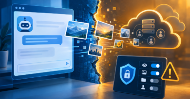 Conceptual illustration of image files passing from an AI workspace through a broken security boundary to external hosting services.