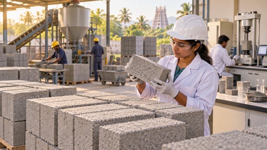 Editorial illustration of an engineer inspecting geopolymer concrete blocks in a Tamil Nadu workshop