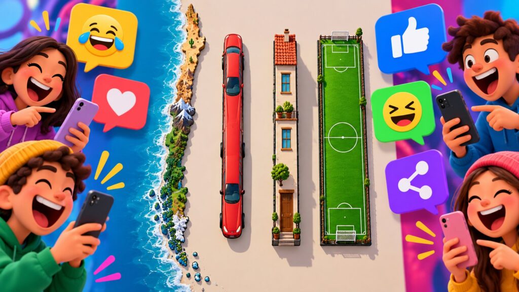 Humorous cartoon of very narrow imaginary car, house and field beside a slender coastline