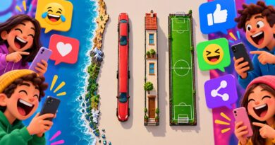 Humorous cartoon of very narrow imaginary car, house and field beside a slender coastline