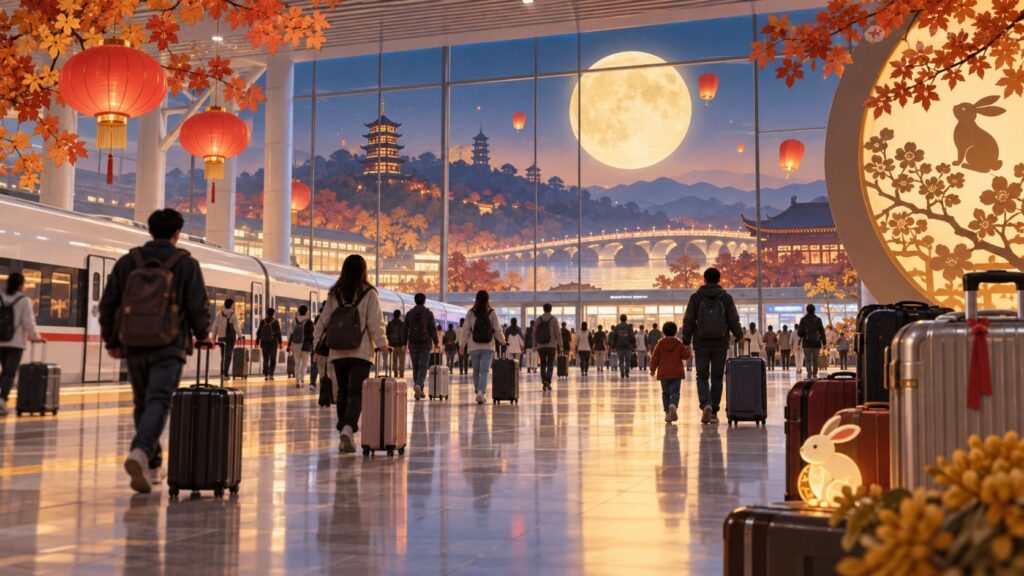 Editorial illustration of travellers with luggage at a station decorated for autumn holidays