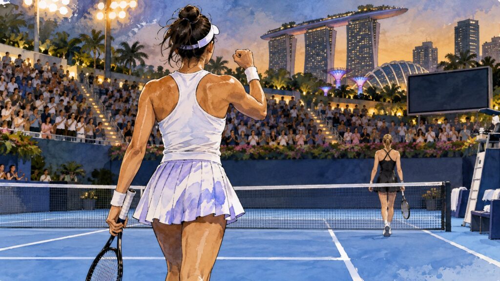 Editorial illustration of an anonymous tennis player celebrating a win on a Singapore hard court