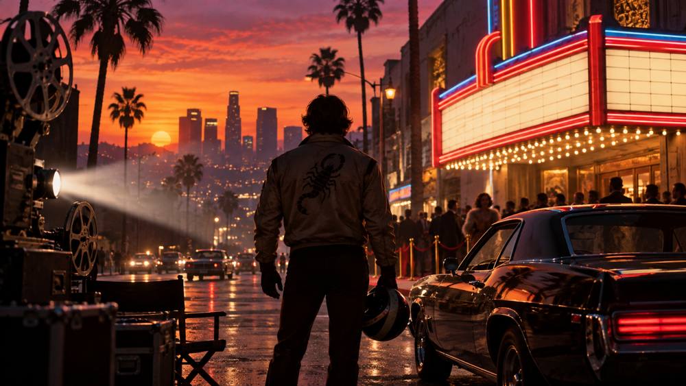 Conceptual illustration of a 1970s Hollywood street with an anonymous stunt performer by a car