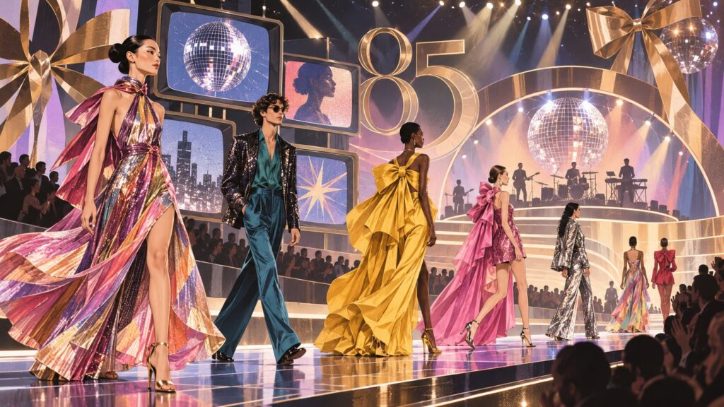 Editorial illustration of a festive runway with anonymous models, vintage screens and a distant band
