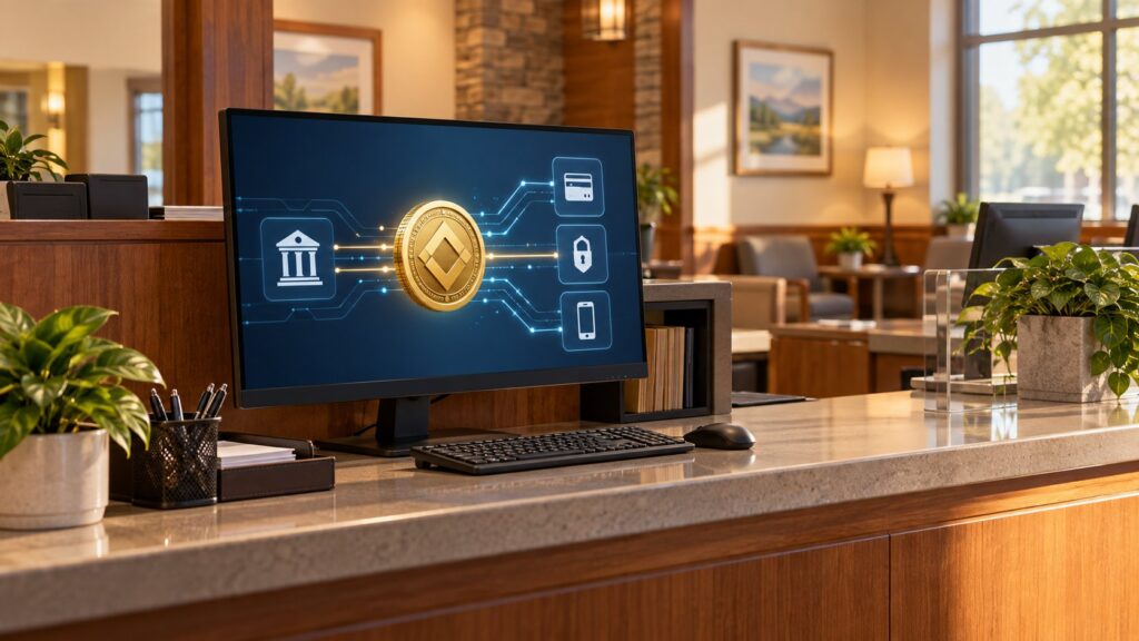 Editorial illustration of a community bank computer showing abstract digital asset and payment symbols
