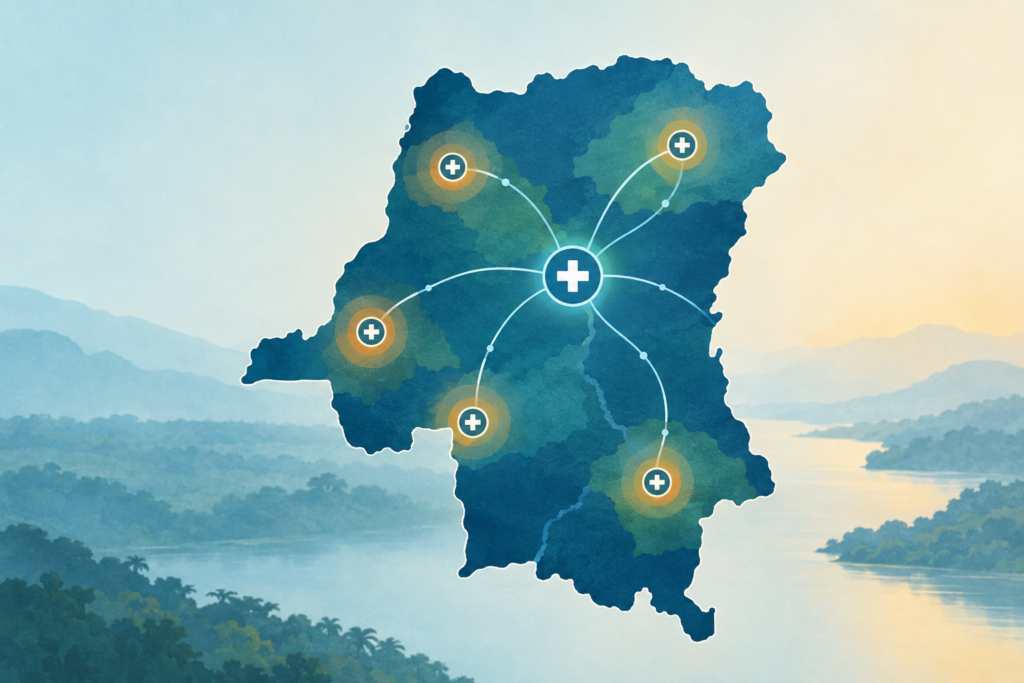 Conceptual illustration of the Democratic Republic of the Congo with marked health areas and symbols representing outbreak response.