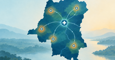 Conceptual illustration of the Democratic Republic of the Congo with marked health areas and symbols representing outbreak response.