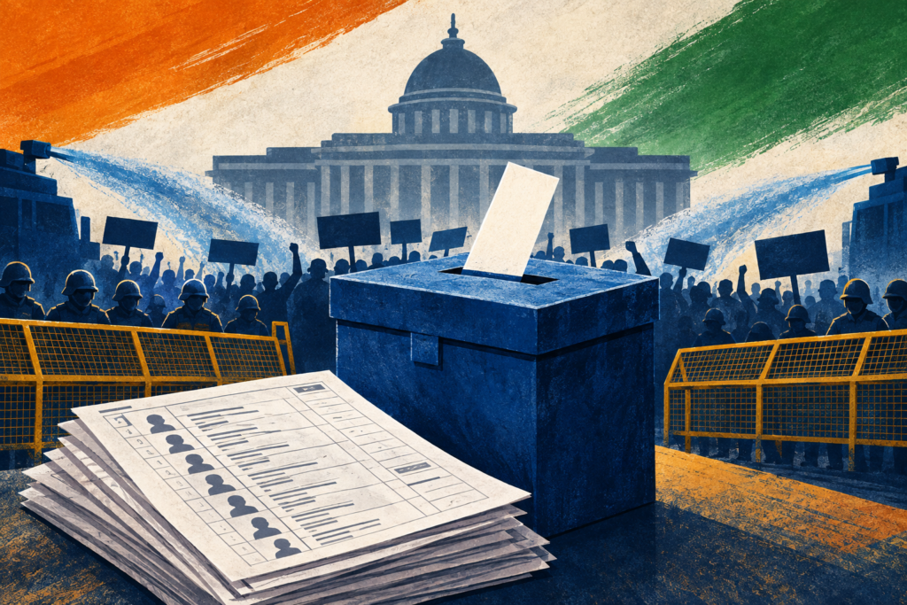 Editorial illustration of electoral rolls, a ballot box, protesters and police barricades symbolising the dispute over India’s election-roll revision.
